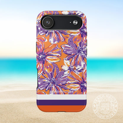Clemson Tough Case for iPhone 17 Air with purple and orange design on a beach background