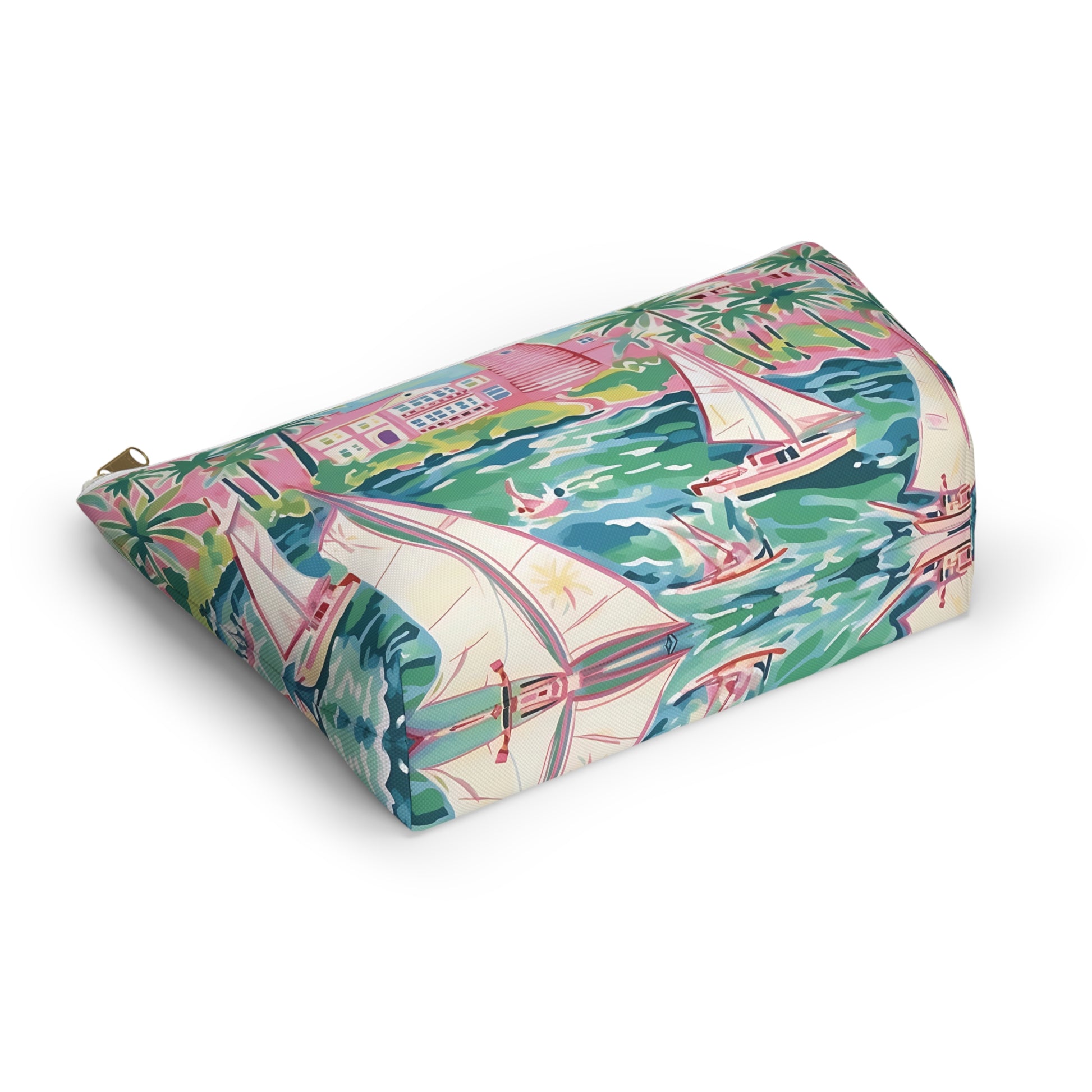 Bottom view of accessory pouch with sailboat and palm tree pattern on a white background