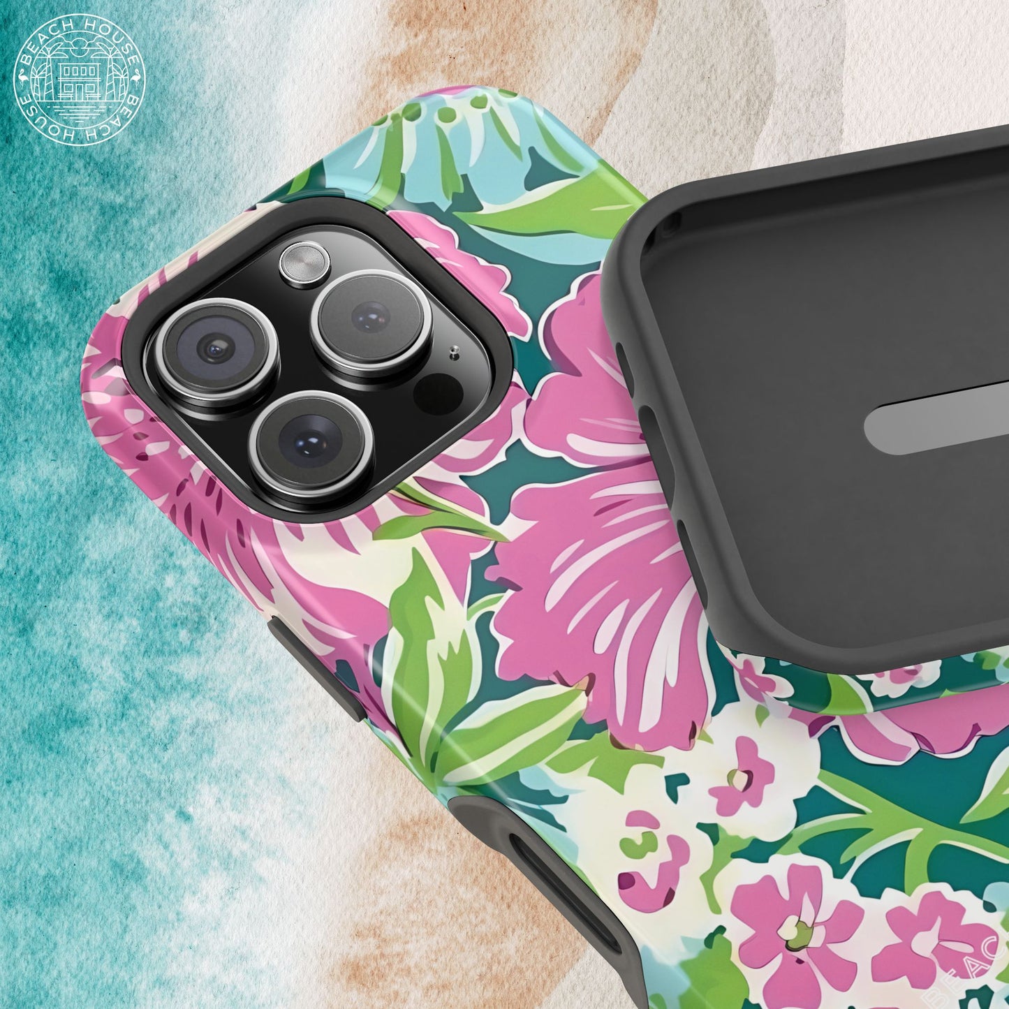 Floral Seaside MagSafe Tough Case for iPhone on a textured surface