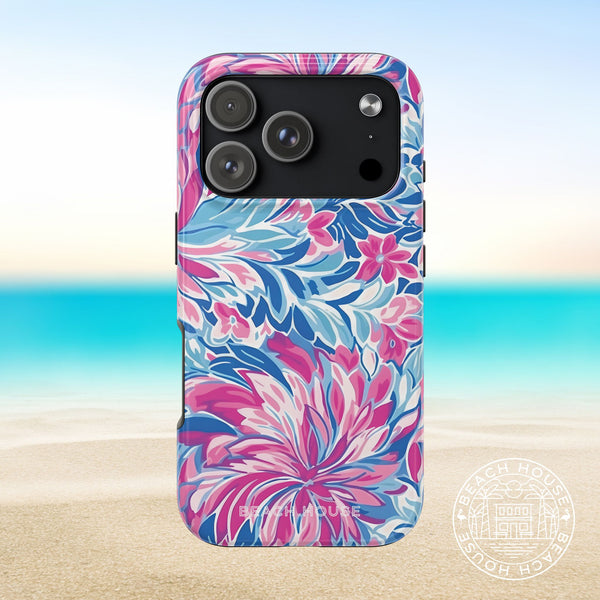 Destin Tough Case for iPhone 17 Pro with pink and blue floral pattern on a beach background