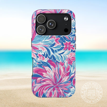 Destin Tough Case for iPhone 17 Pro with pink and blue floral pattern on a beach background