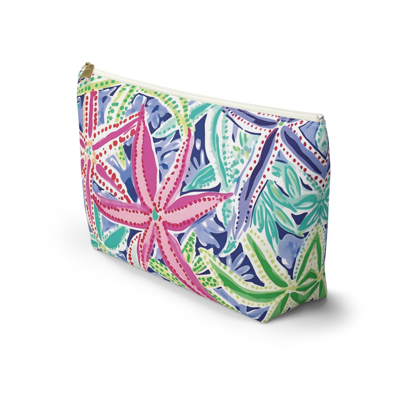 Colorful floral patterned pouch on a white background