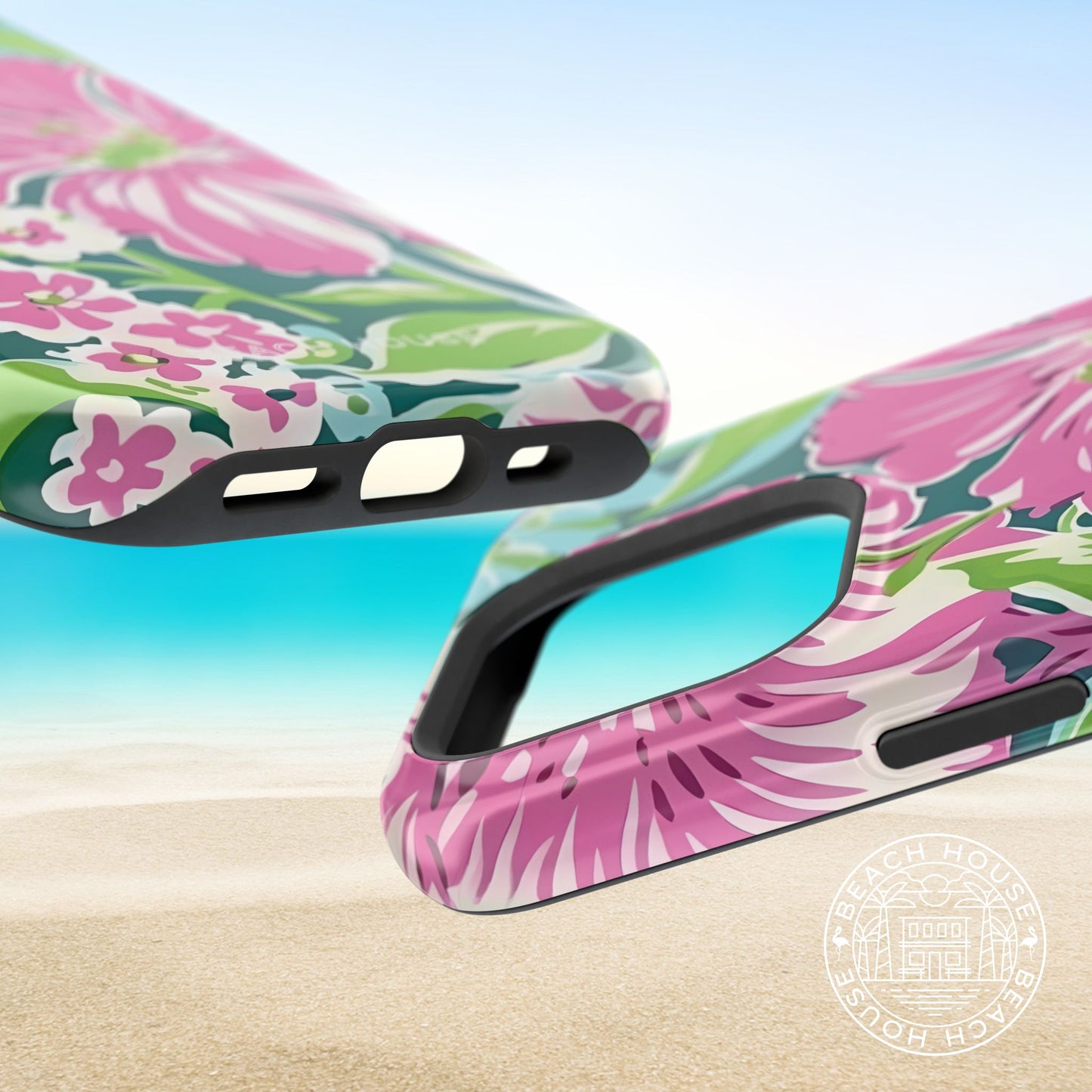 Top and bottom views of a floral patterned Seaside MagSafe Tough Case for iPhone on a beach background