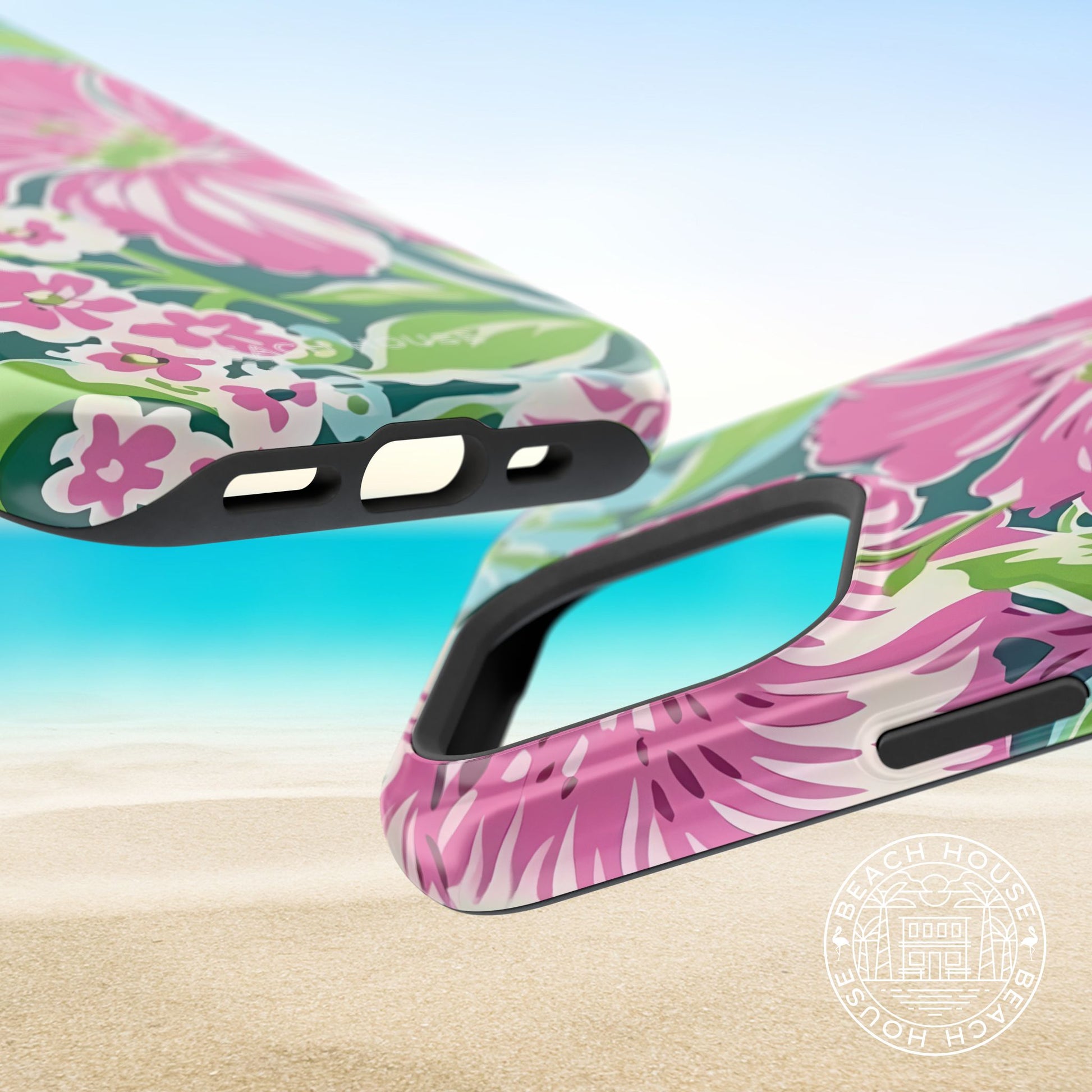 Top and bottom views of a floral patterned Seaside MagSafe Tough Case for iPhone on a beach background