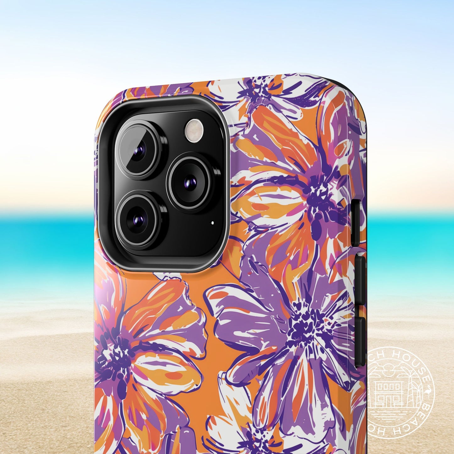 Close up detail of the Clemson design, on a beach background