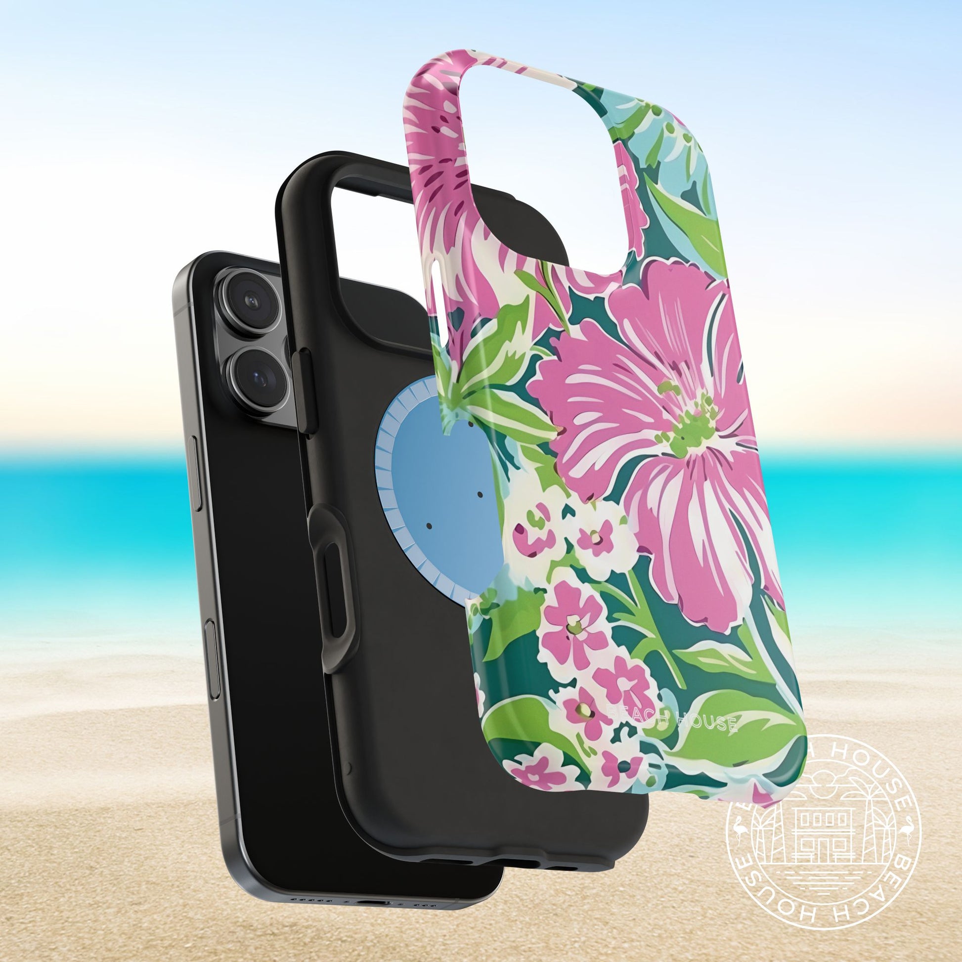 Layers of the Seaside MagSafe Tough Case for iPhone with floral design on a beach background
