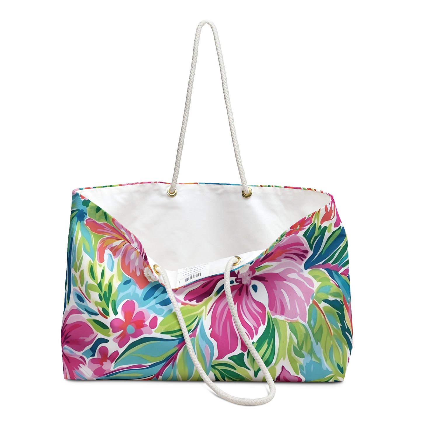 Colorful floral Waikiki tote bag with white rope handles on a white background