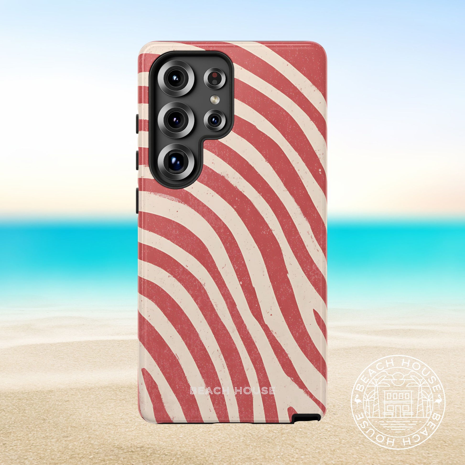 Kure Beach Tough Case for Galaxy with red and white striped pattern on a beach background