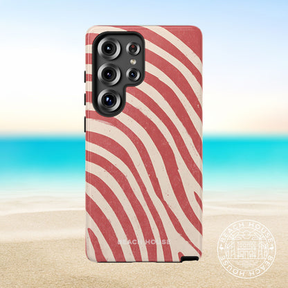 Kure Beach Tough Case for Galaxy with red and white striped pattern on a beach background