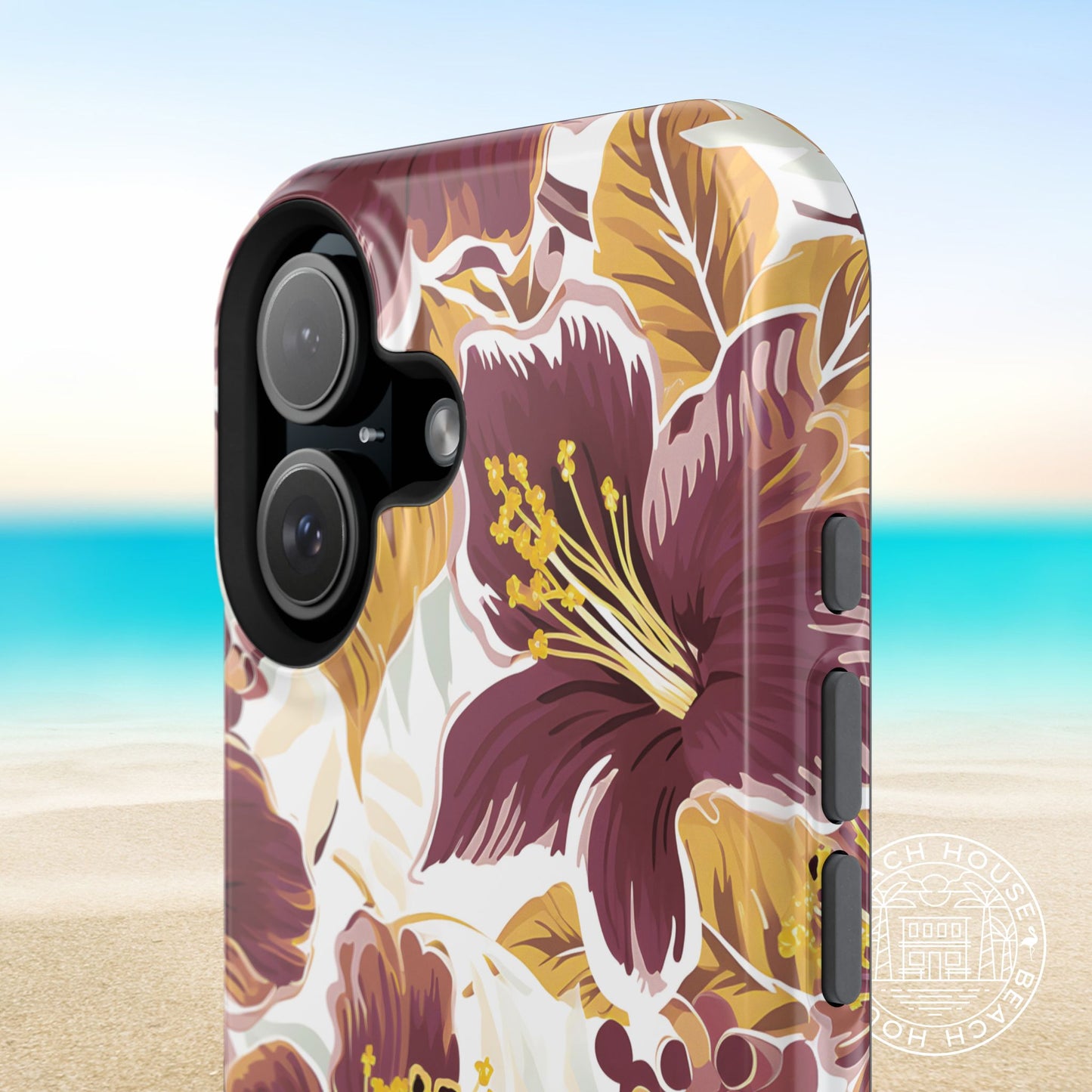 Tallahassee MagSafe Tough Case for iPhone 16 with tropical design on a beach background