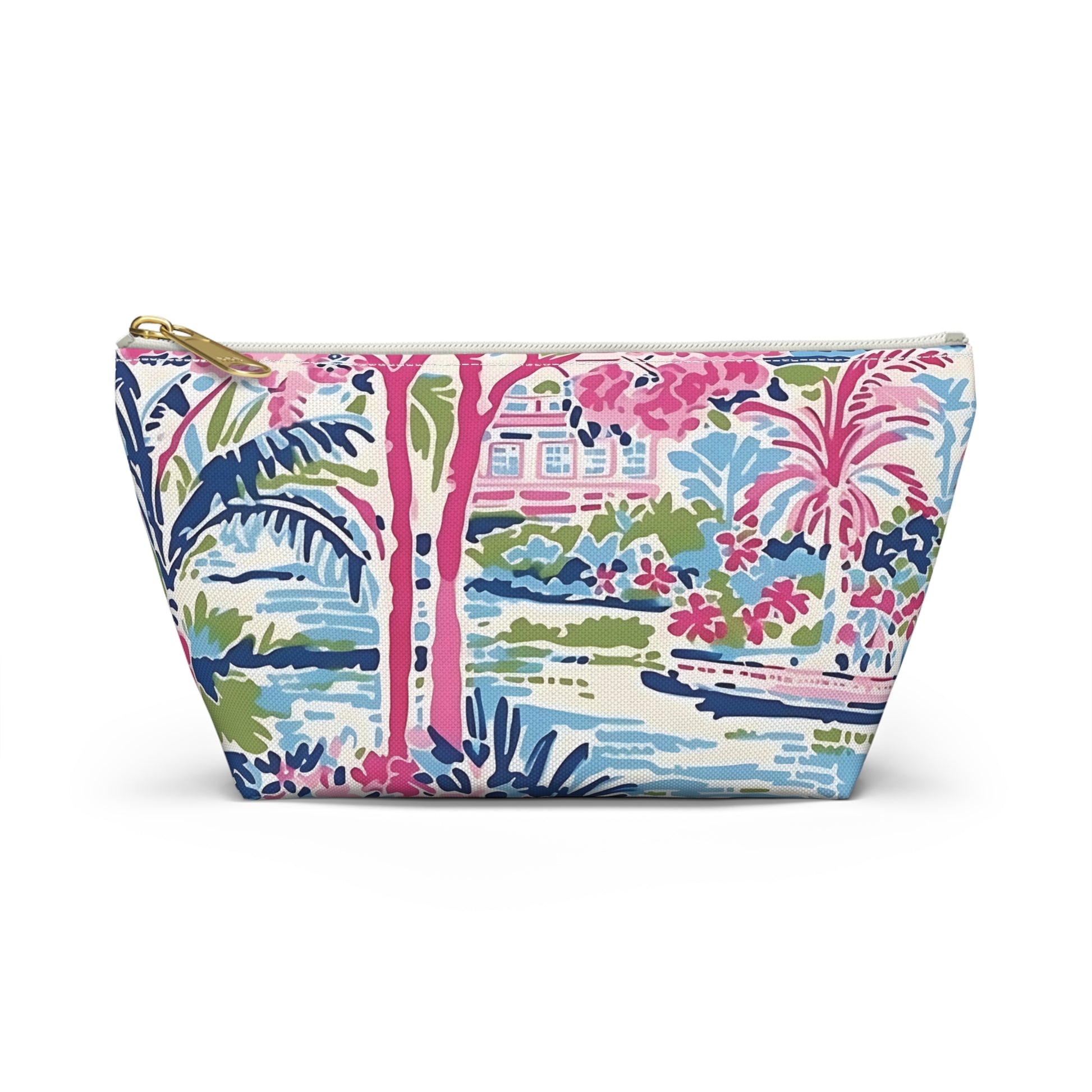 Colorful patterned pouch with a zipper on a white background