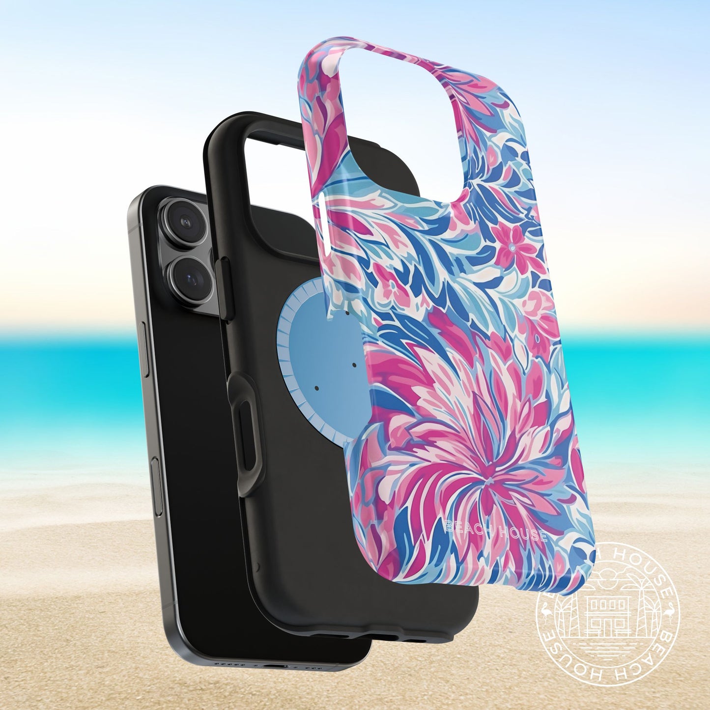 Destin MagSafe Tough Case for iPhone layers with premium protection, on a beach background