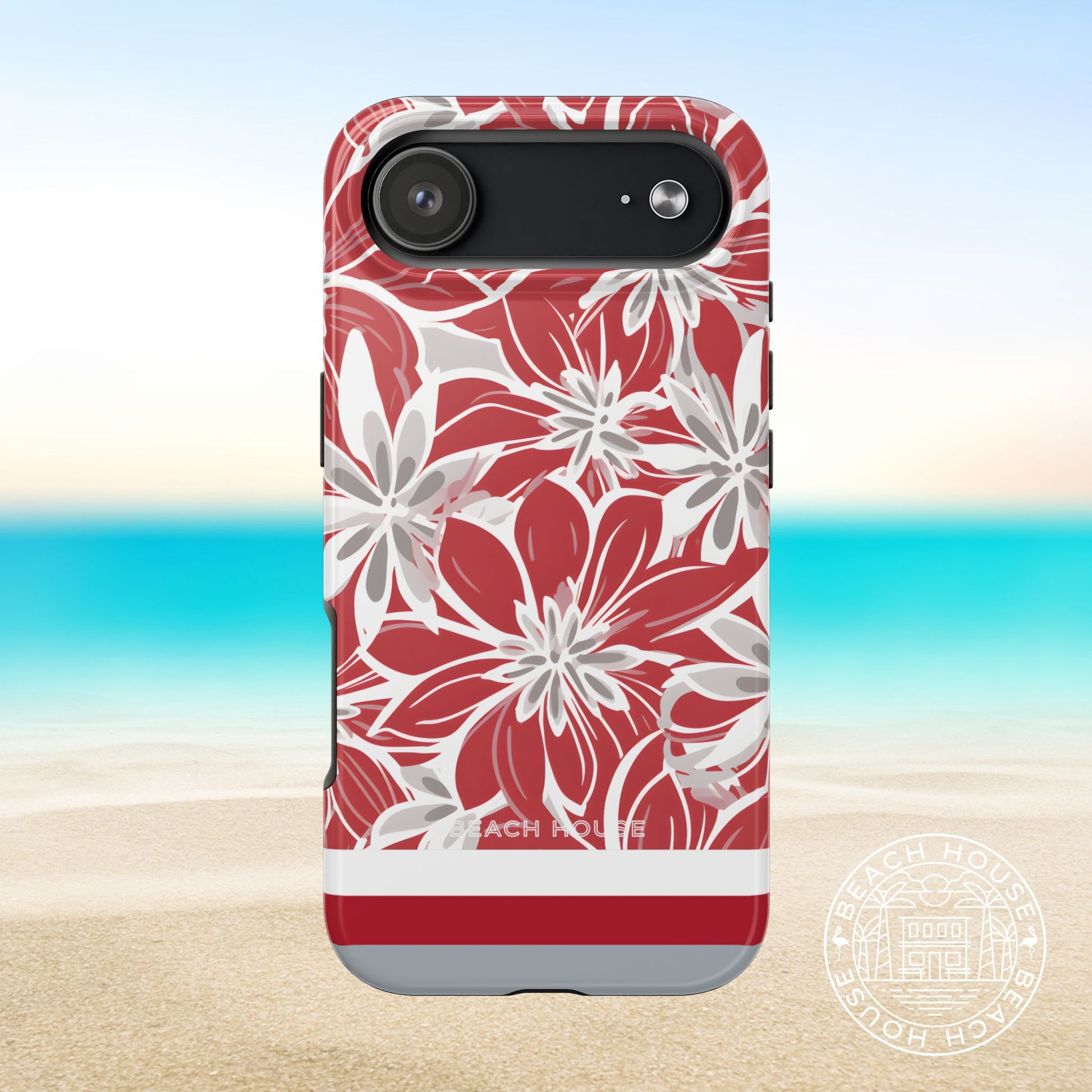Columbus Tough case for iPhone 17 Air with red and white floral pattern on a beach background
