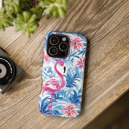 Flamingo Beach MagSafe Tough Case for iPhone with flamingo design on a wooden surface