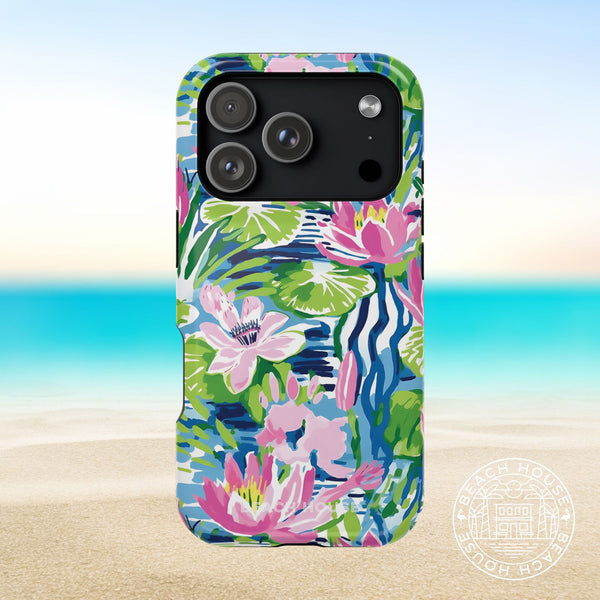 Everglades MagSafe Tough Case for iPhone 17 Pro with floral design on a beach background