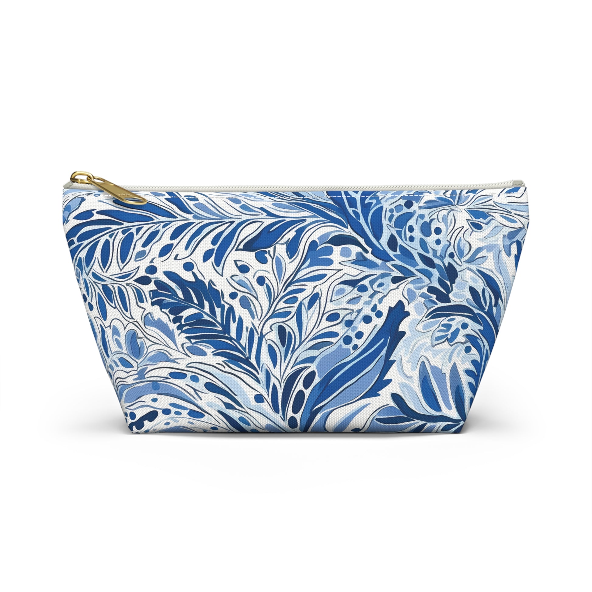 Blue and white patterned pouch on a white background