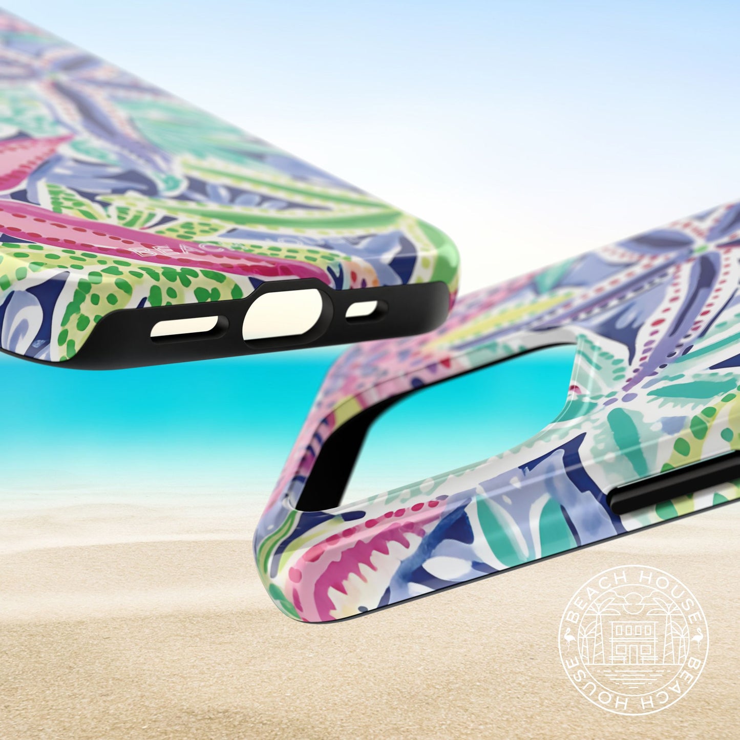 Siesta Key Tough Case for iPhone with a tropical pattern on a beach background