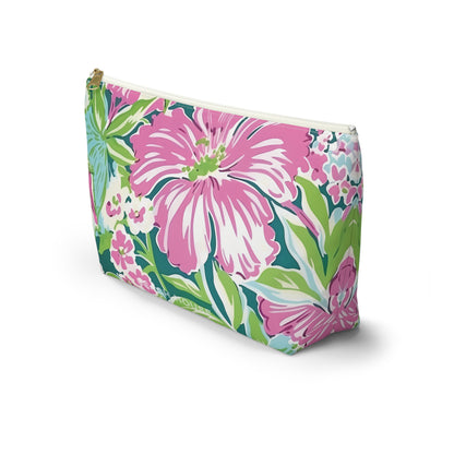 Seaside accessory pouch with pink flowers on a white background
