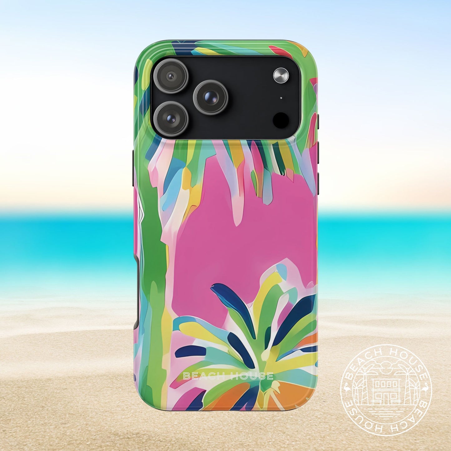 Boca Tough case for iPhone 17 Pro Max with tropical design on a beach background
