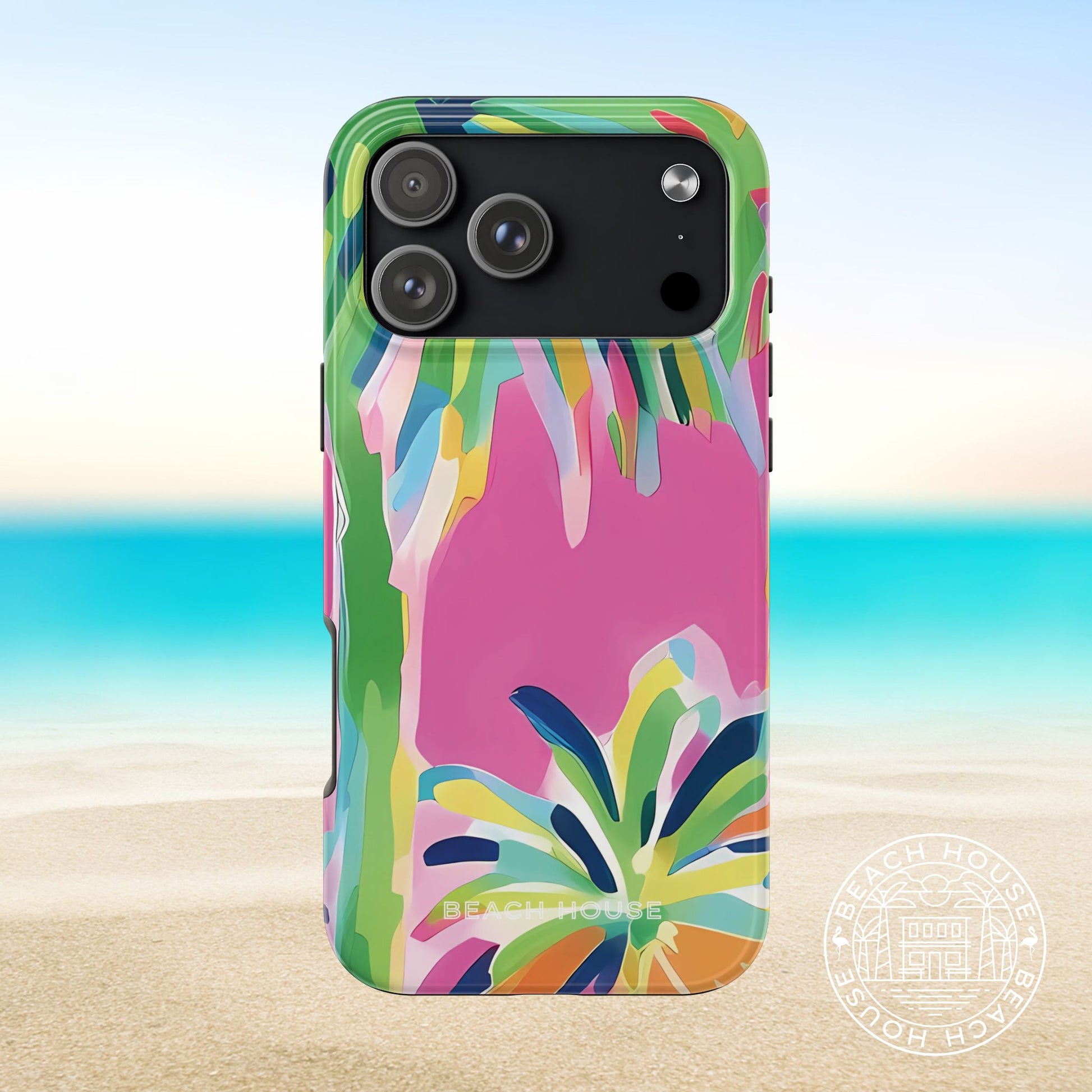 Boca Tough case for iPhone 17 Pro Max with tropical design on a beach background