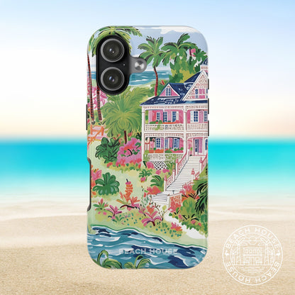 Charleston Tough Case for iPhone 17 with tropical house design on a beach background