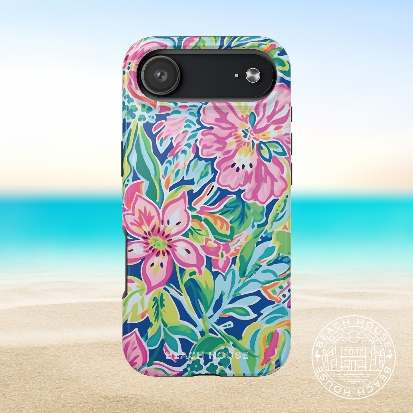 Fernandina Tough Case for iPhone 17 Air with pink and green flowers on a beach background