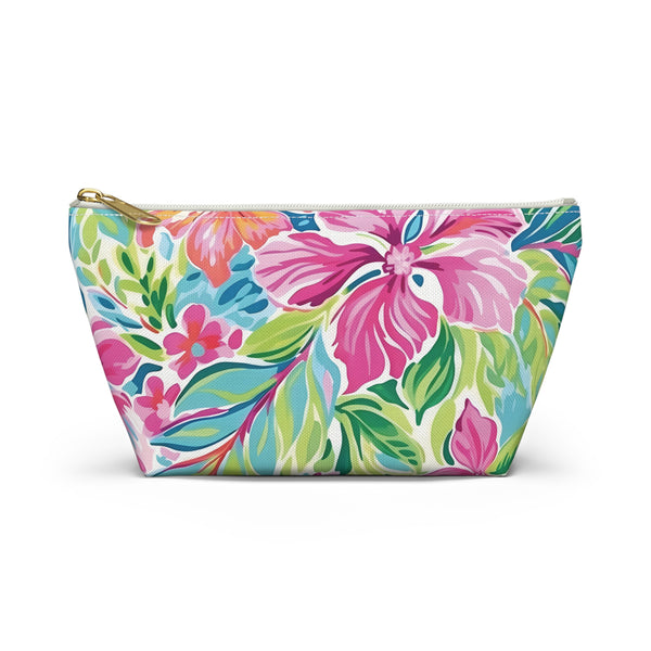 Floral patterned pouch with a zipper on a white background