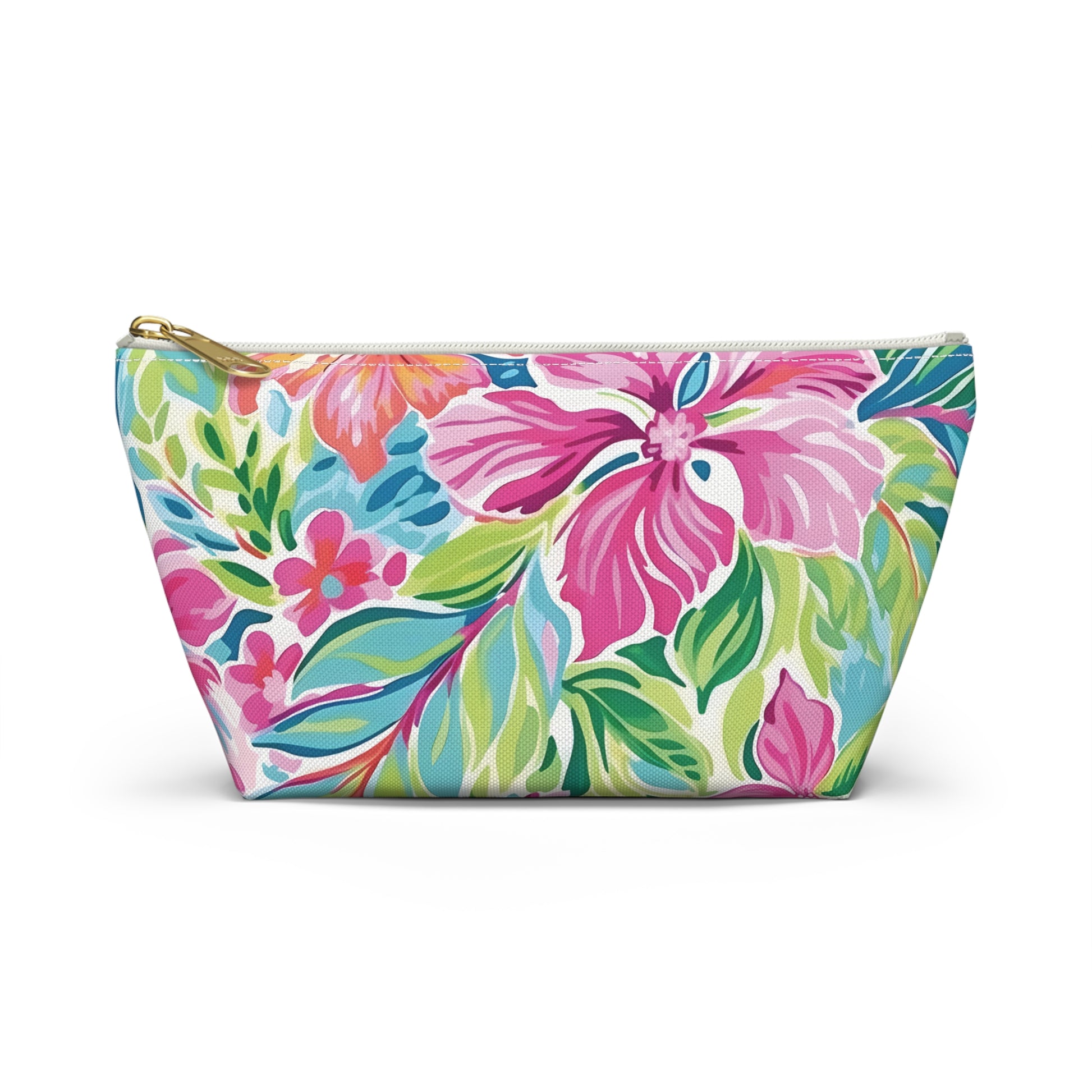 Floral patterned pouch with a zipper on a white background
