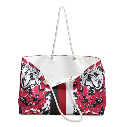 Athens Weekender Tote Bag with bulldog design and red floral pattern, slightly opened with to show a cream lined interior, on a white background