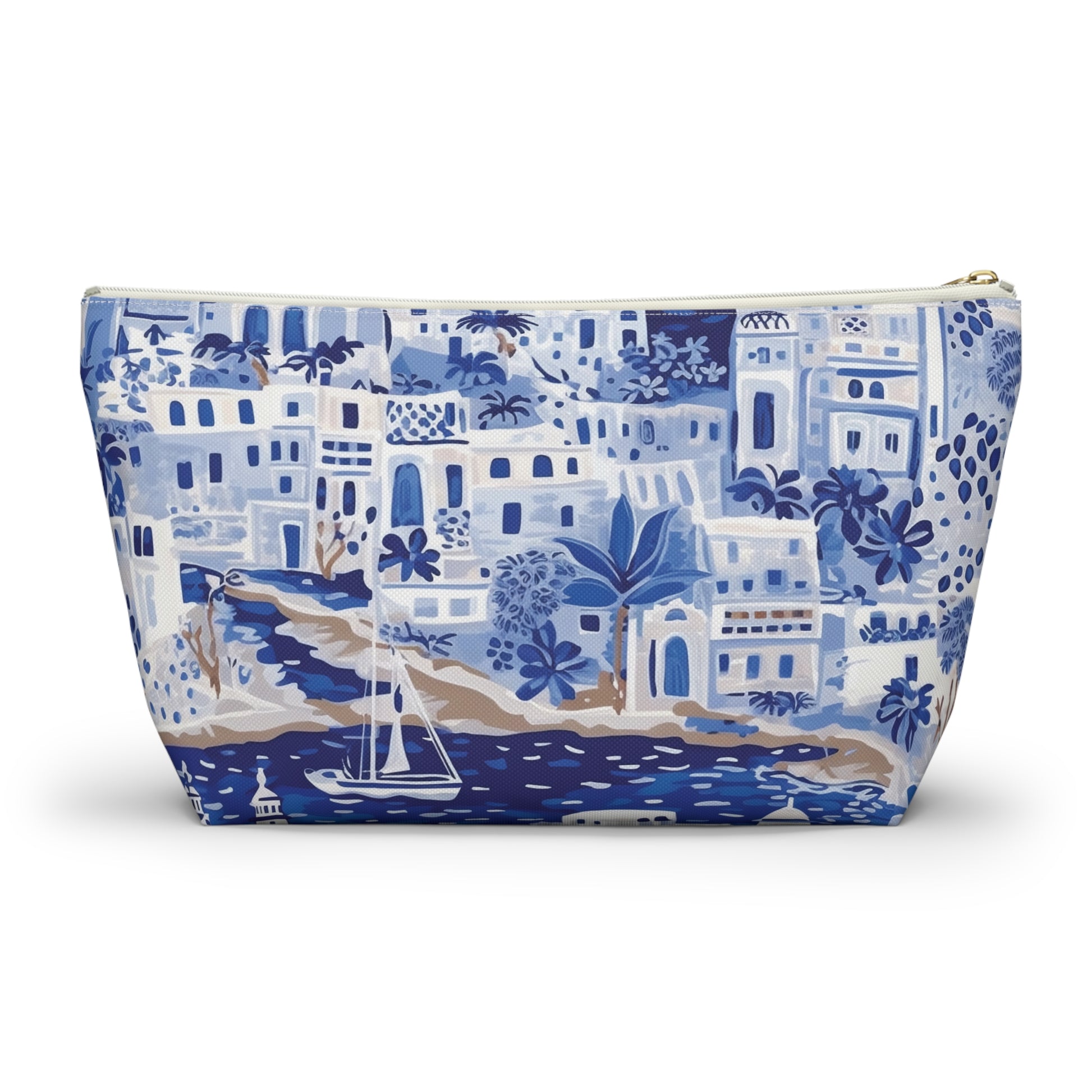 Blue and white patterned pouch on a white background