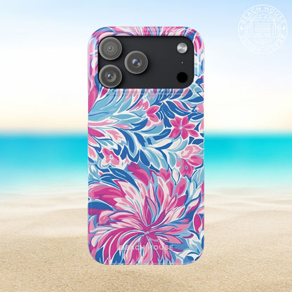 Destin Slim Case for iPhone 17 Pro Max with pink and blue floral pattern on a beach background