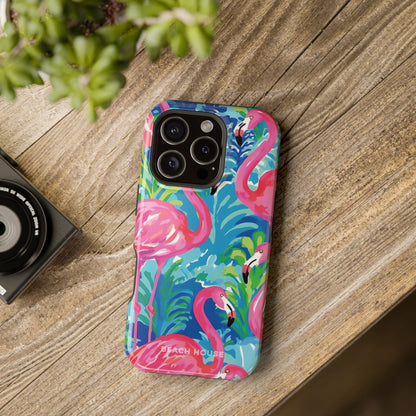 Key Largo MagSafe Tough Case for iPhone with flamingo design on a wooden surface