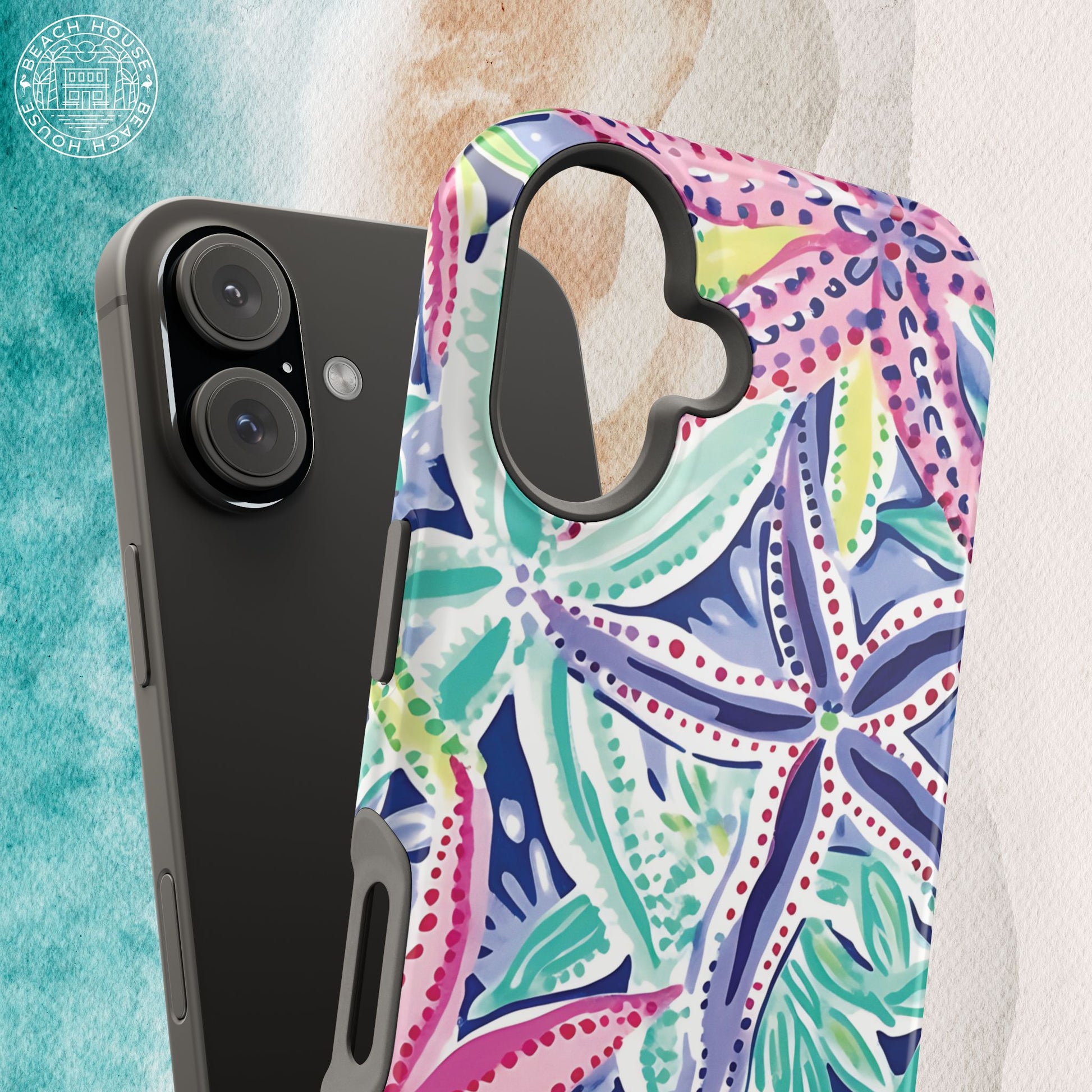 Tropical Siesta Key MagSafe Tough Case for iPhone with a floral pattern on a textured background