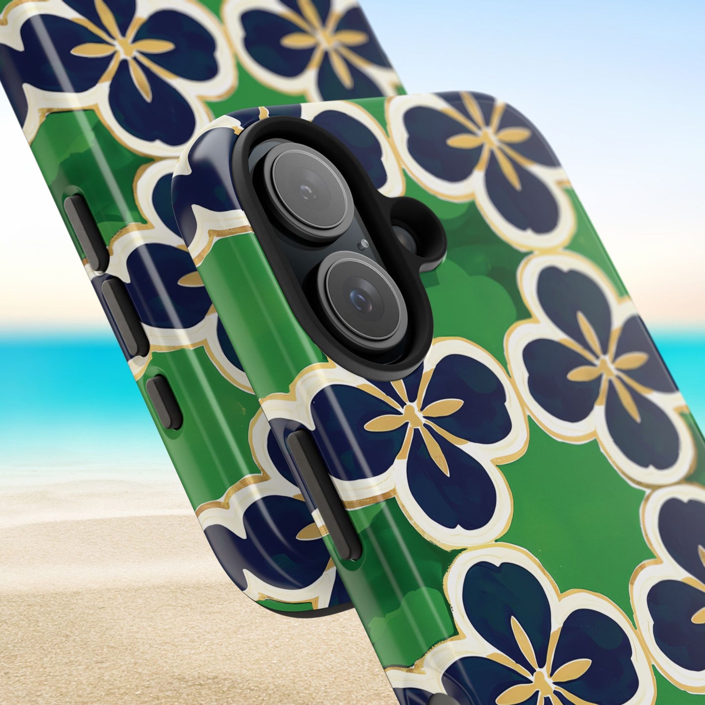 South Bend Tough Case for iPhone 16 with floral design on a beach background