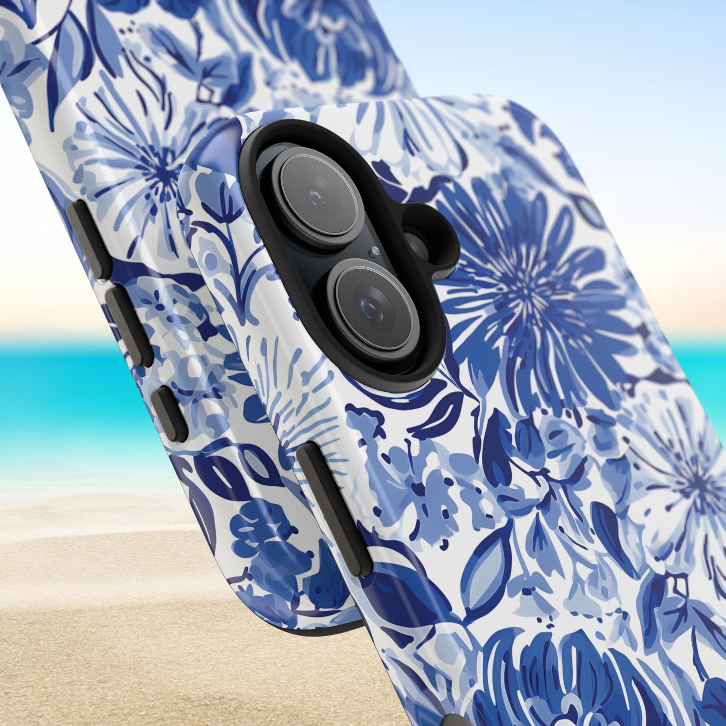 Close up views of the tropical Lexington Tough Case with a beach background