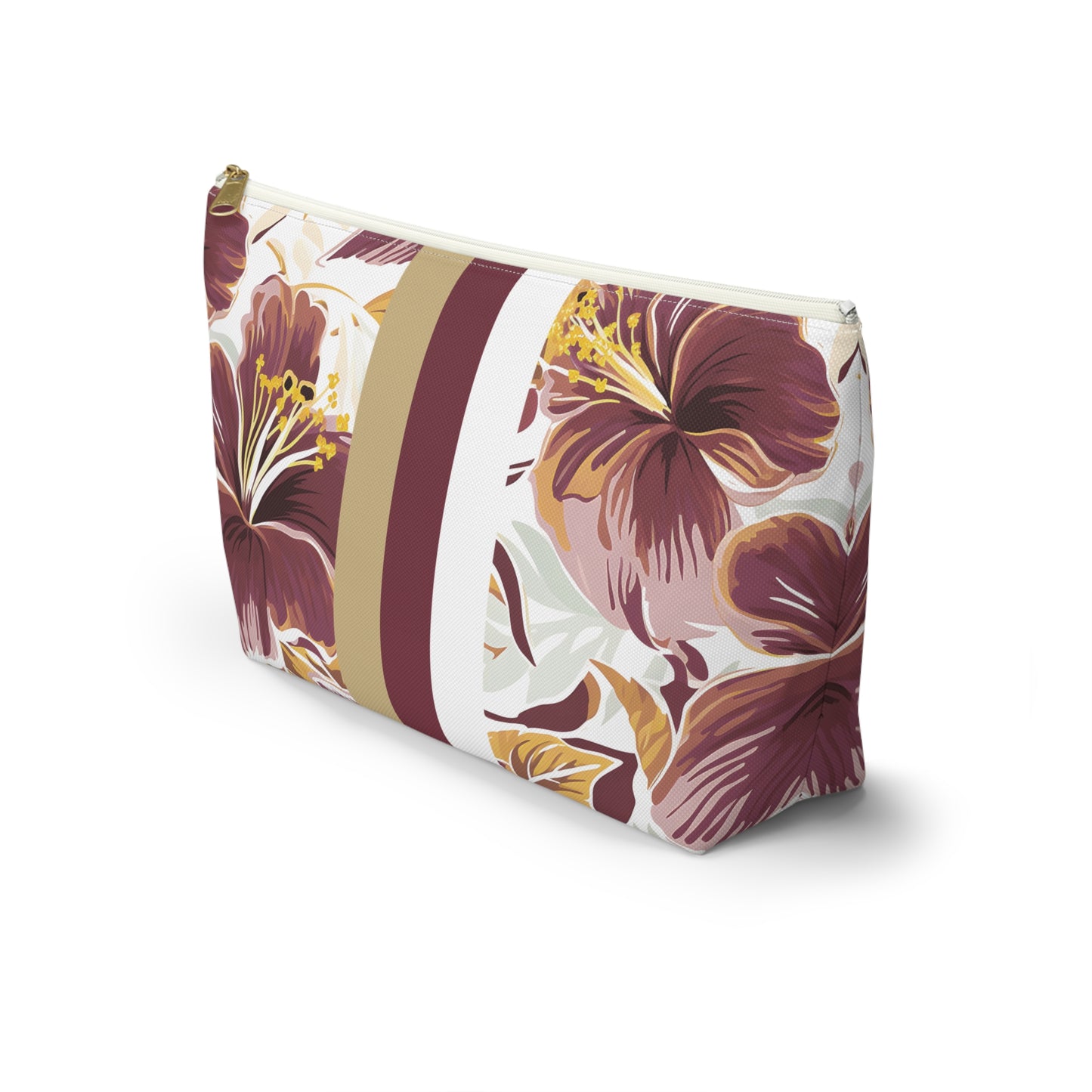 Floral patterned pouch with a gold stripe on a white background
