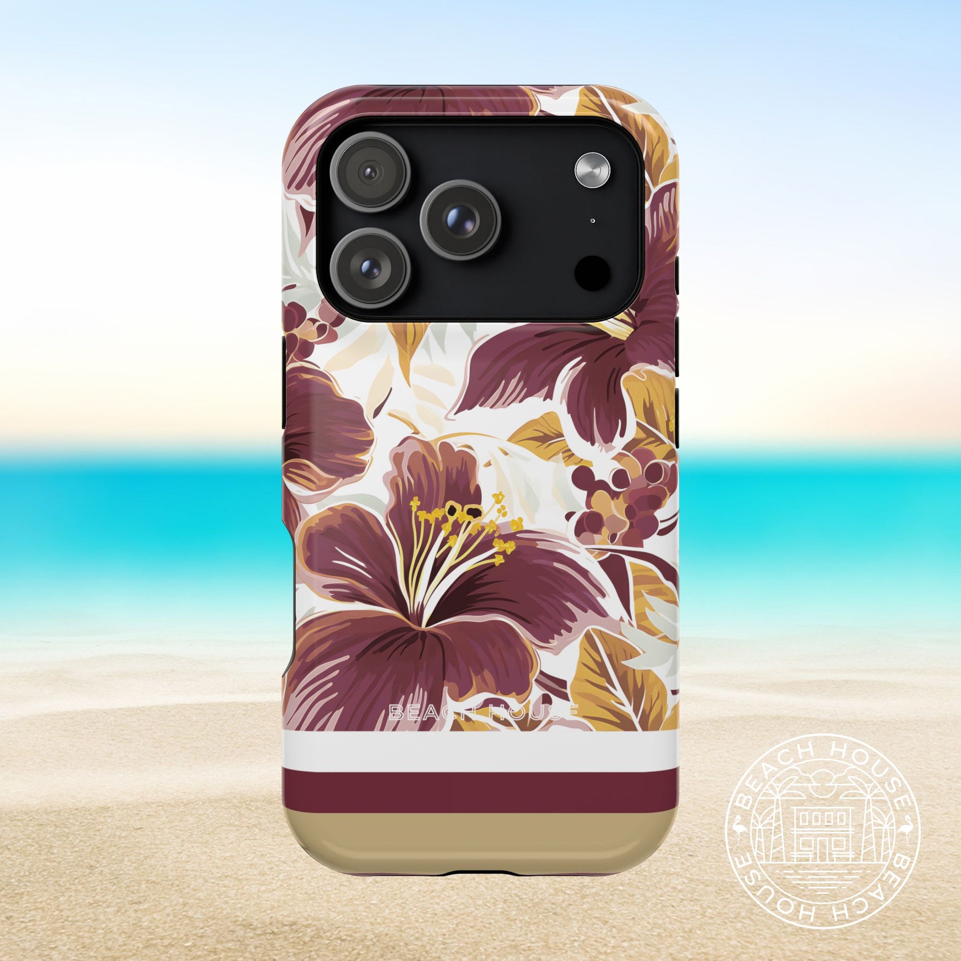 Tallahassee MagSafe Tough Case for iPhone 17 Pro with floral design on a beach background