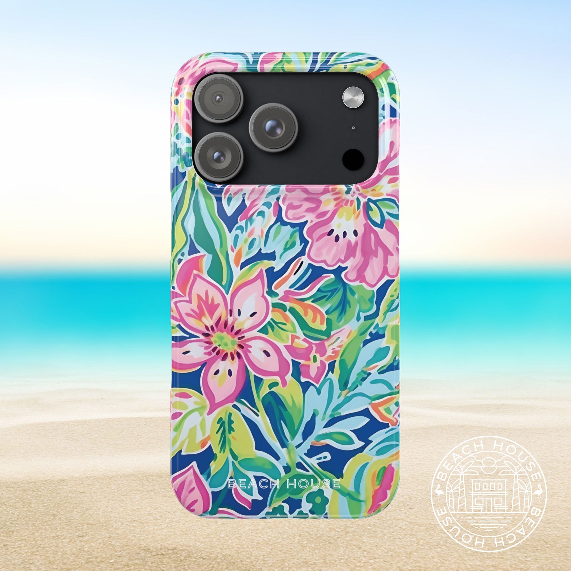 Colorful Fernandina Slim Case for iPhone 17 Pro on a beach background
