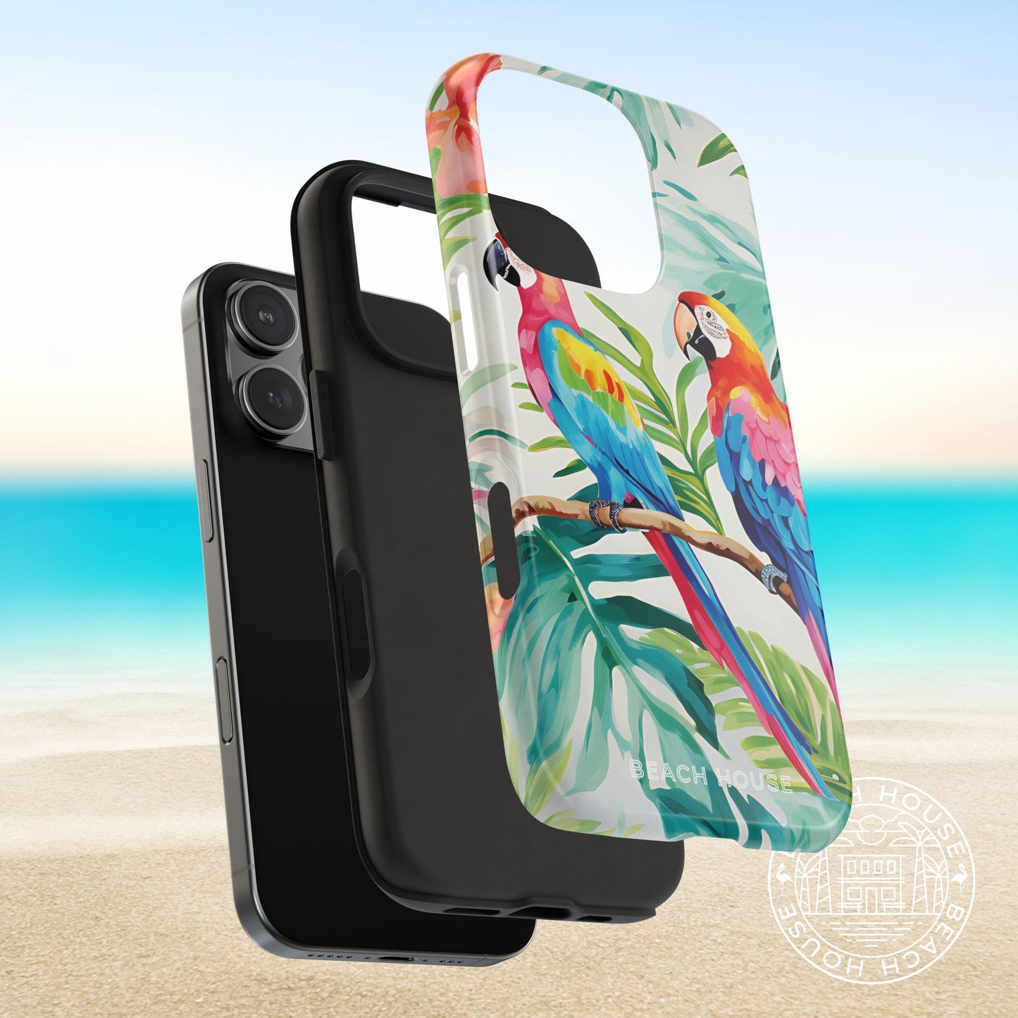 Layers of the Copacabana Tough Case for iPhone with parrot design on a beach background