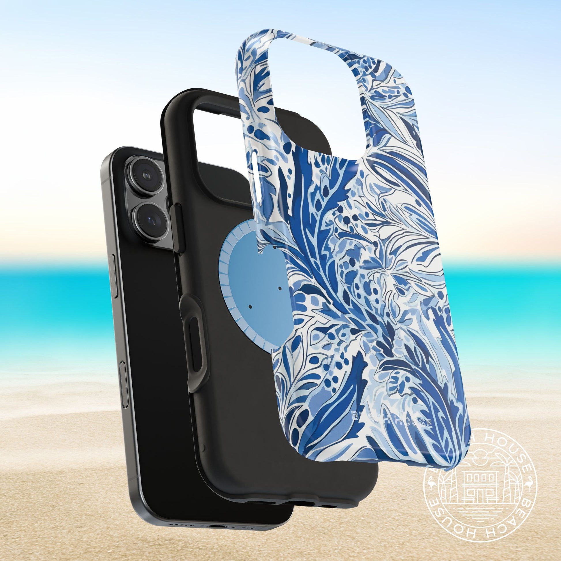 Layers of the Nags Head MagSafe Tough Case for iPhone with a phone on a beach background