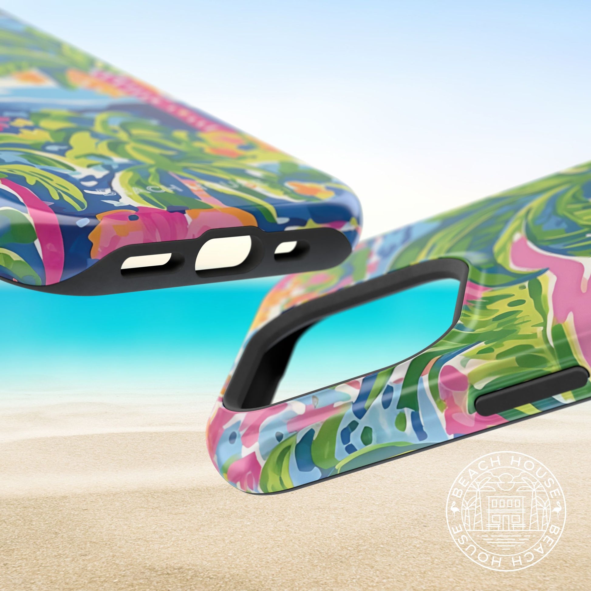 Top and bottom views of Kiawah MagSafe Tough Case for iPhone with floral design on a beach background