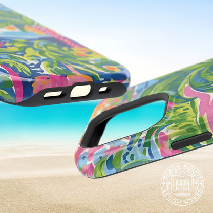 Top and bottom views of Kiawah MagSafe Tough Case for iPhone with floral design on a beach background