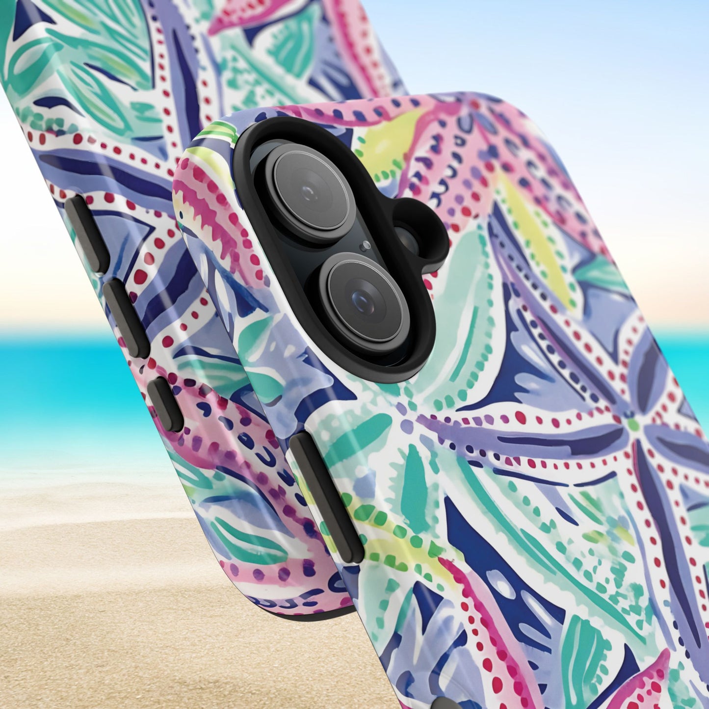 Starfish patterned Siesta Key Tough Case for iPhone with a beach background