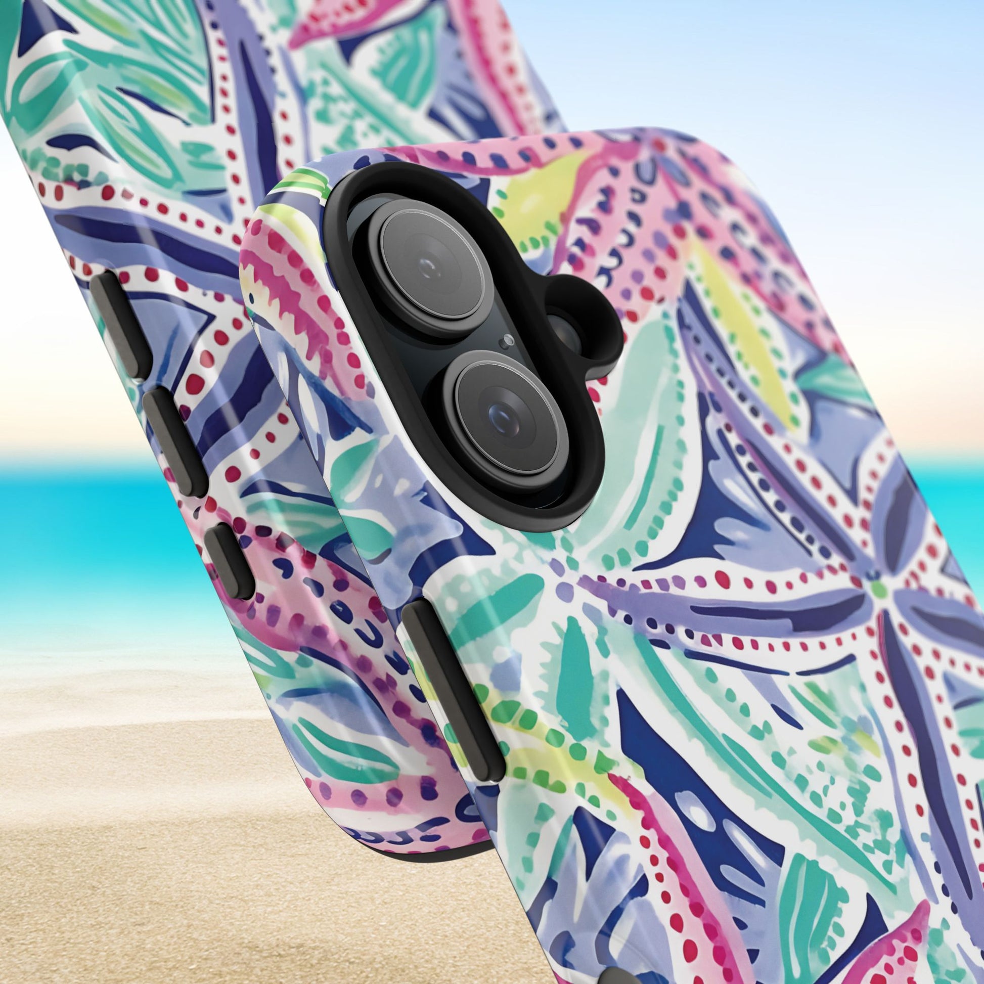 Starfish patterned Siesta Key Tough Case for iPhone with a beach background