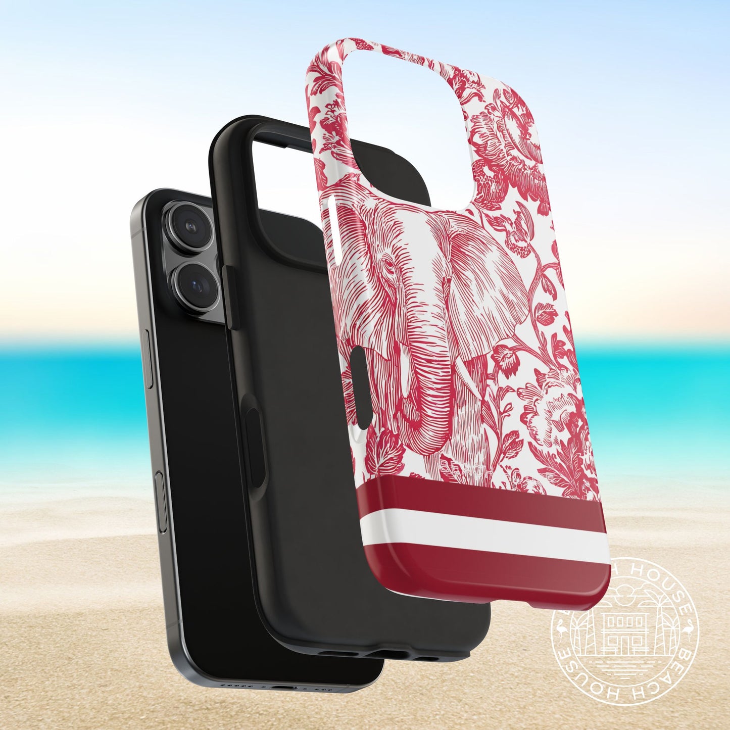 Tuscaloosa Tough Case for iPhone with red floral design on a beach background