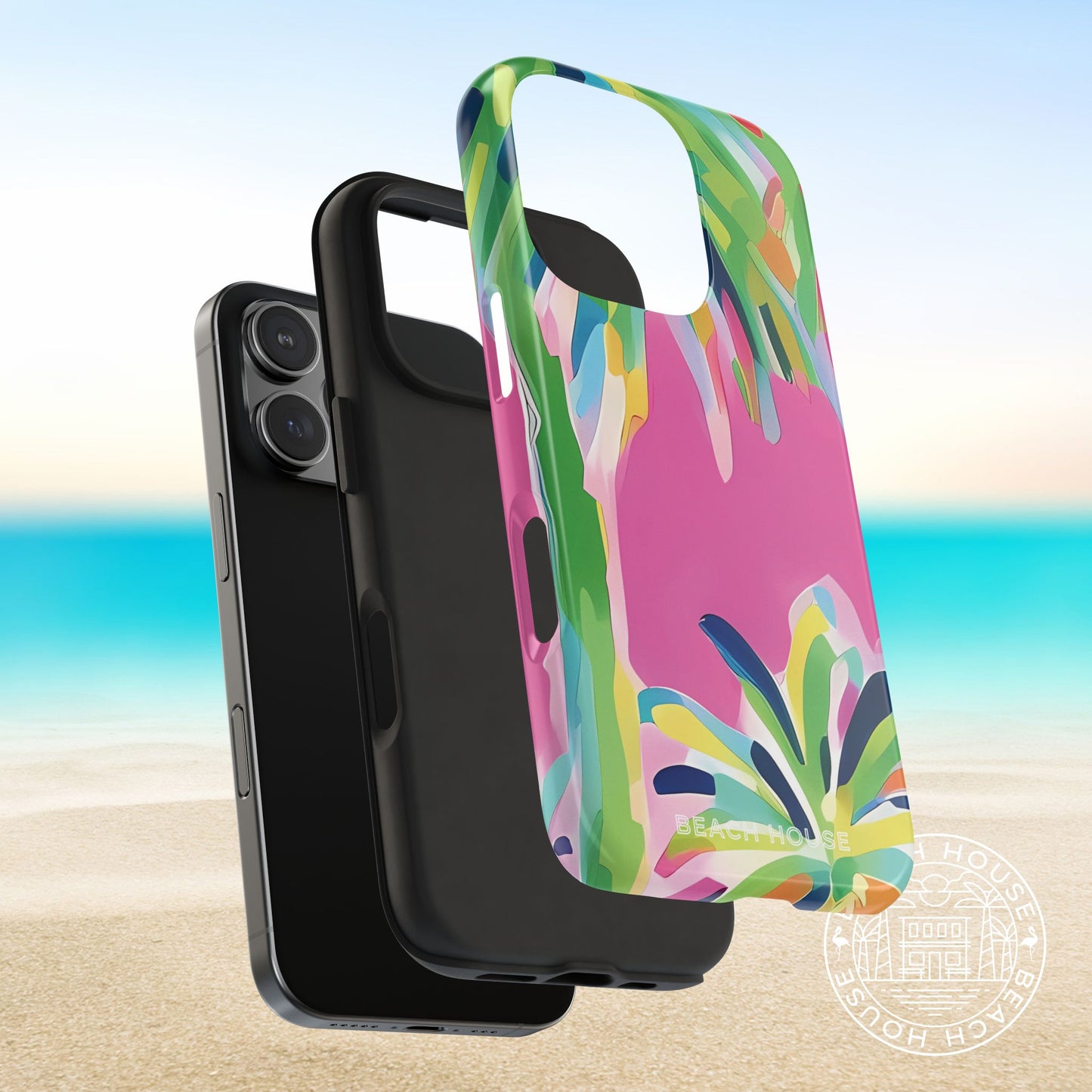 Layers of the Boca phone case with a tropical design on a beach background