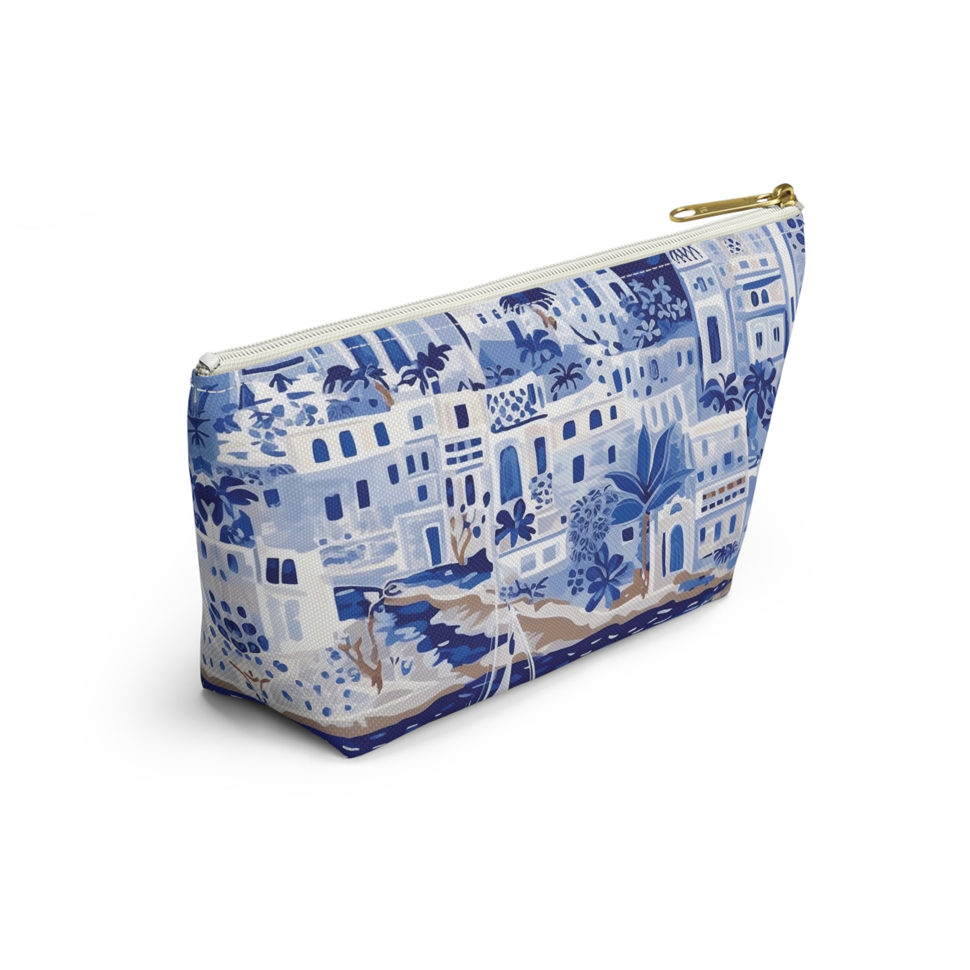 Cosmetic bag with blue and white pattern on a white background