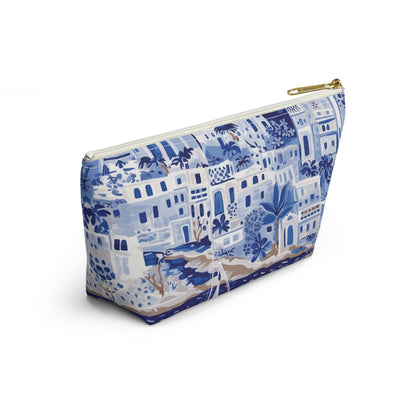 Cosmetic bag with blue and white pattern on a white background