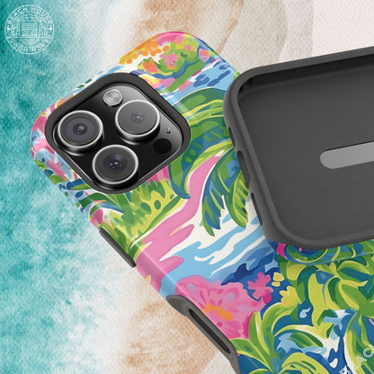 Colorful Kiawah MagSafe Tough Case for iPhone with floral pattern on a textured surface