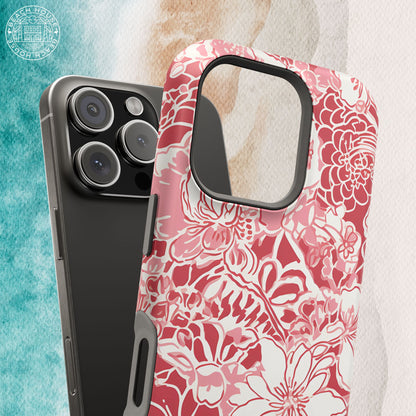 Norman MagSafe Tough Case for iPhone with pink and red floral pattern on a textured surface